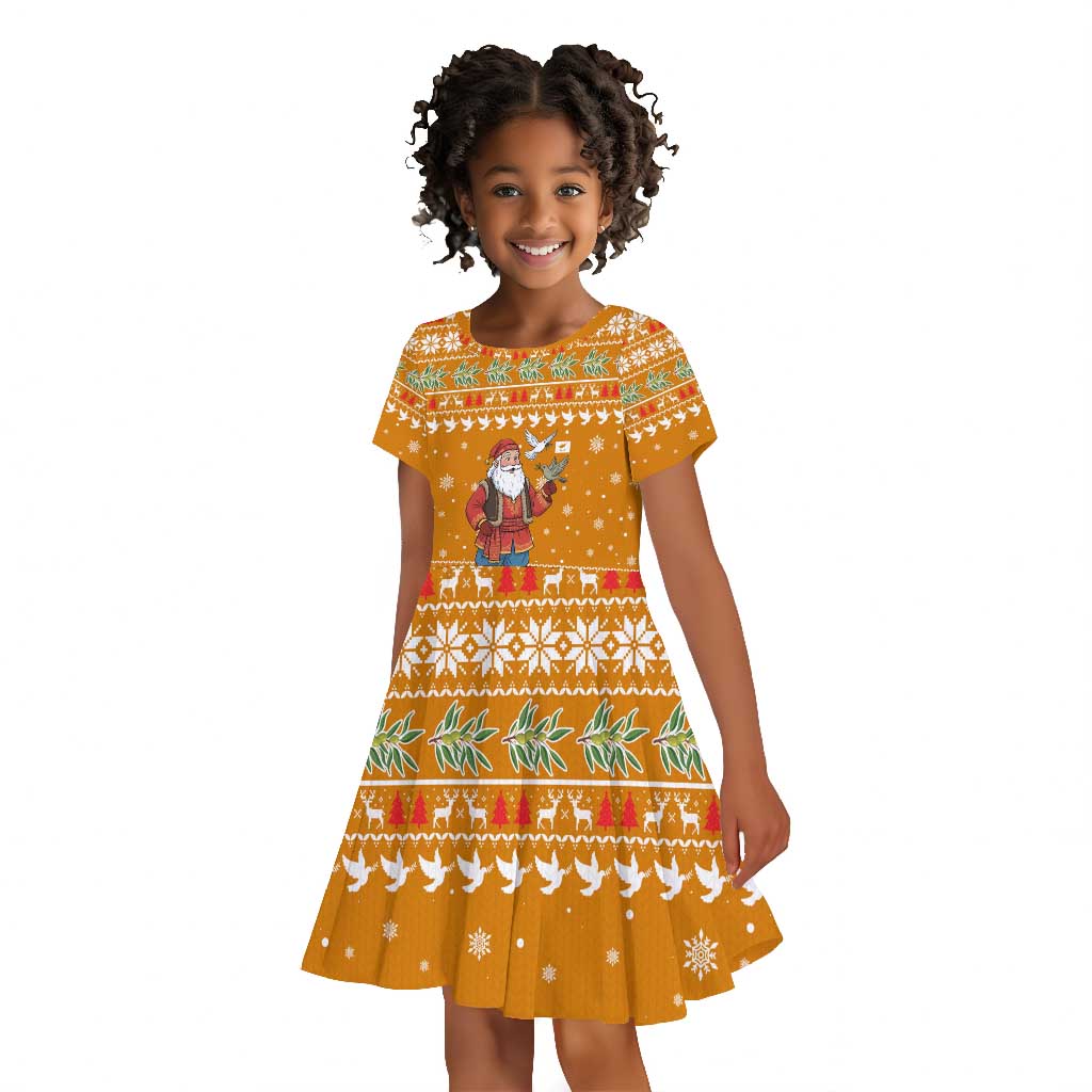 Cyprus Christmas Kid Short Sleeve Dress Santa Holding Doves Olive Branch Snowflakes - African Pride