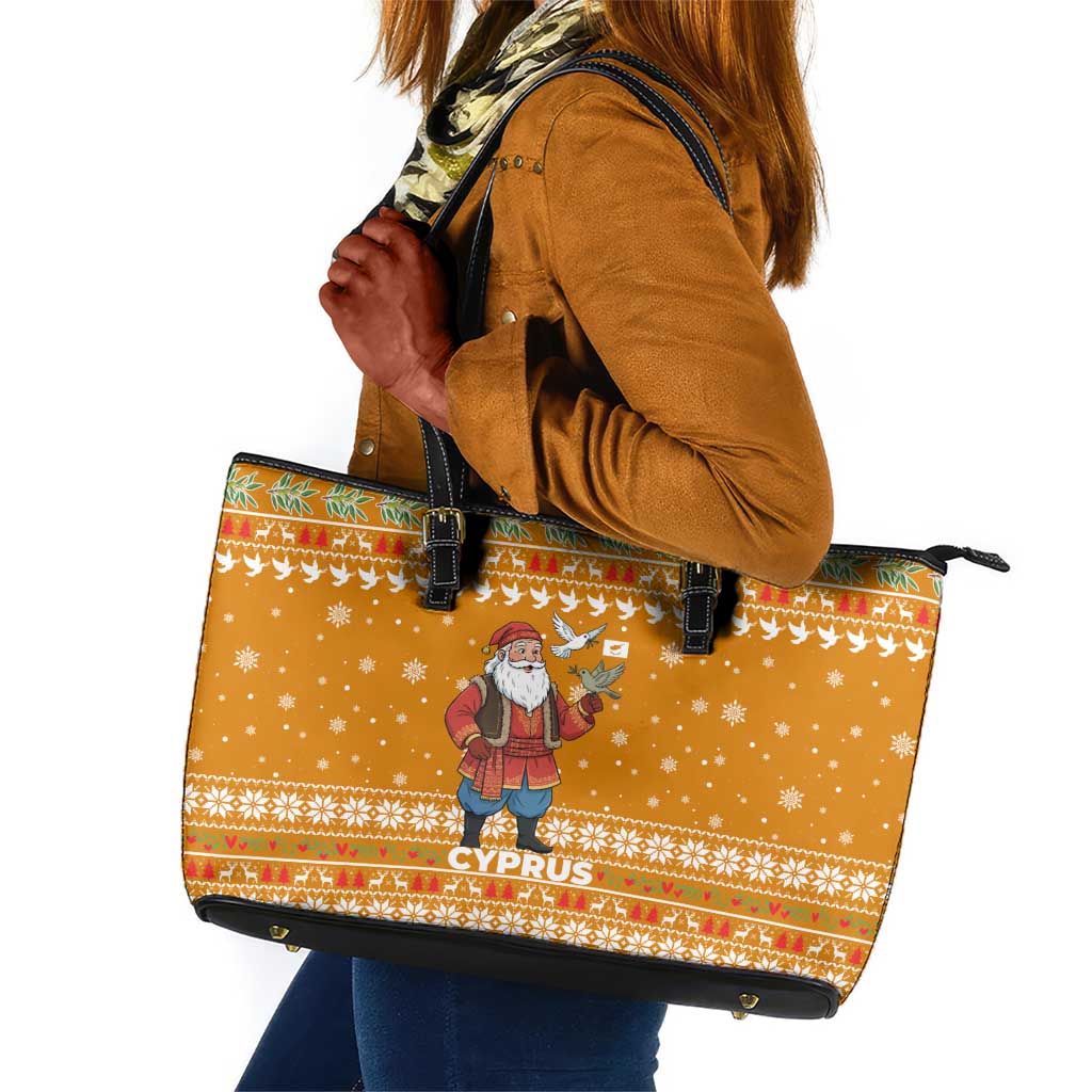 Cyprus Christmas Leather Tote Bag Santa Holding Doves Olive Branch Snowflakes - African Pride