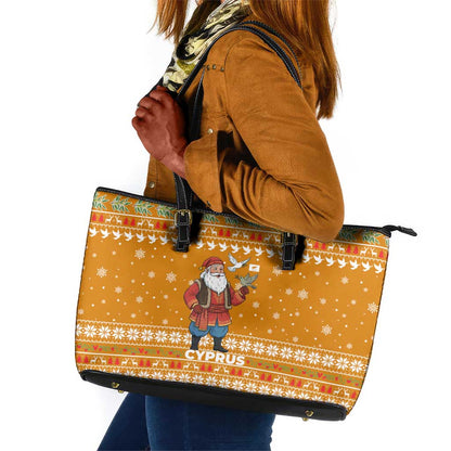 Cyprus Christmas Leather Tote Bag Santa Holding Doves Olive Branch Snowflakes - African Pride