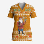 Cyprus Christmas Scrub Top Santa Holding Doves Olive Branch Snowflakes - African Pride