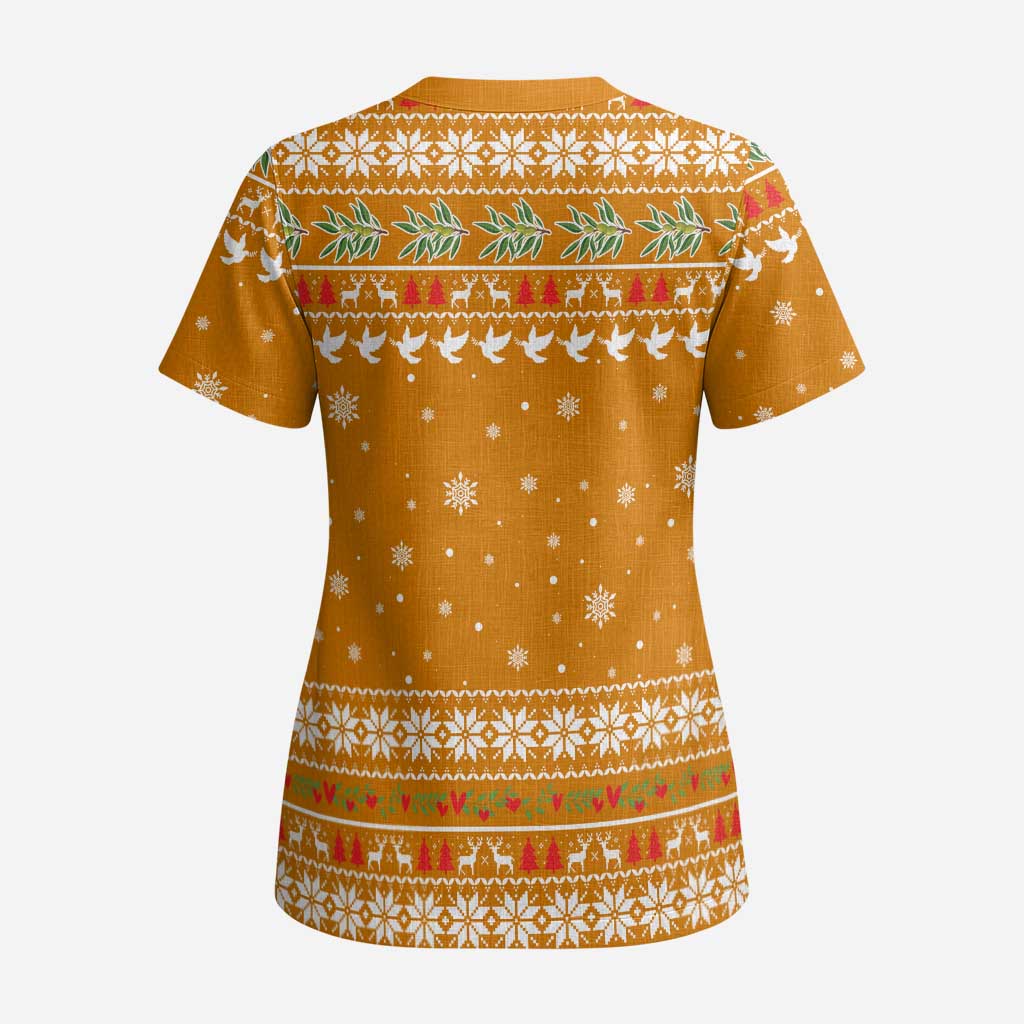 Cyprus Christmas Scrub Top Santa Holding Doves Olive Branch Snowflakes - African Pride