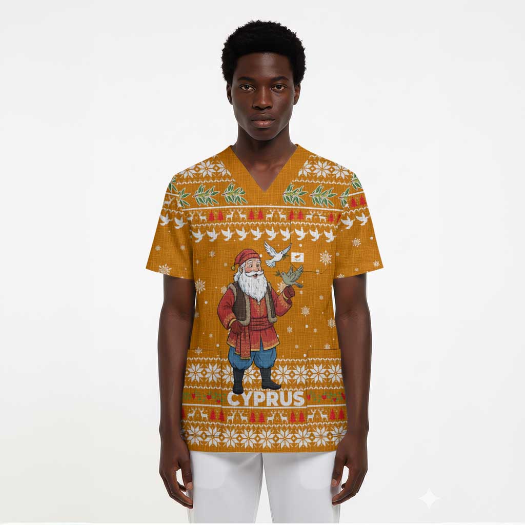 Cyprus Christmas Scrub Top Santa Holding Doves Olive Branch Snowflakes - African Pride