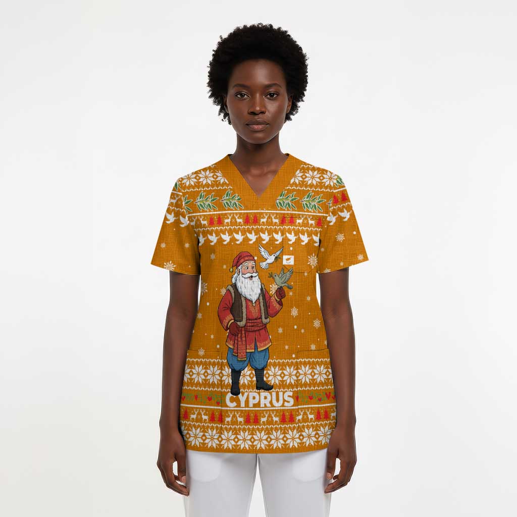 Cyprus Christmas Scrub Top Santa Holding Doves Olive Branch Snowflakes - African Pride