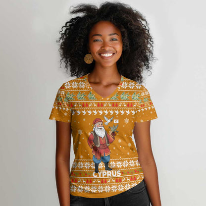 Cyprus Christmas Women V-Neck T-Shirt Santa Holding Doves Olive Branch Snowflakes - African Pride