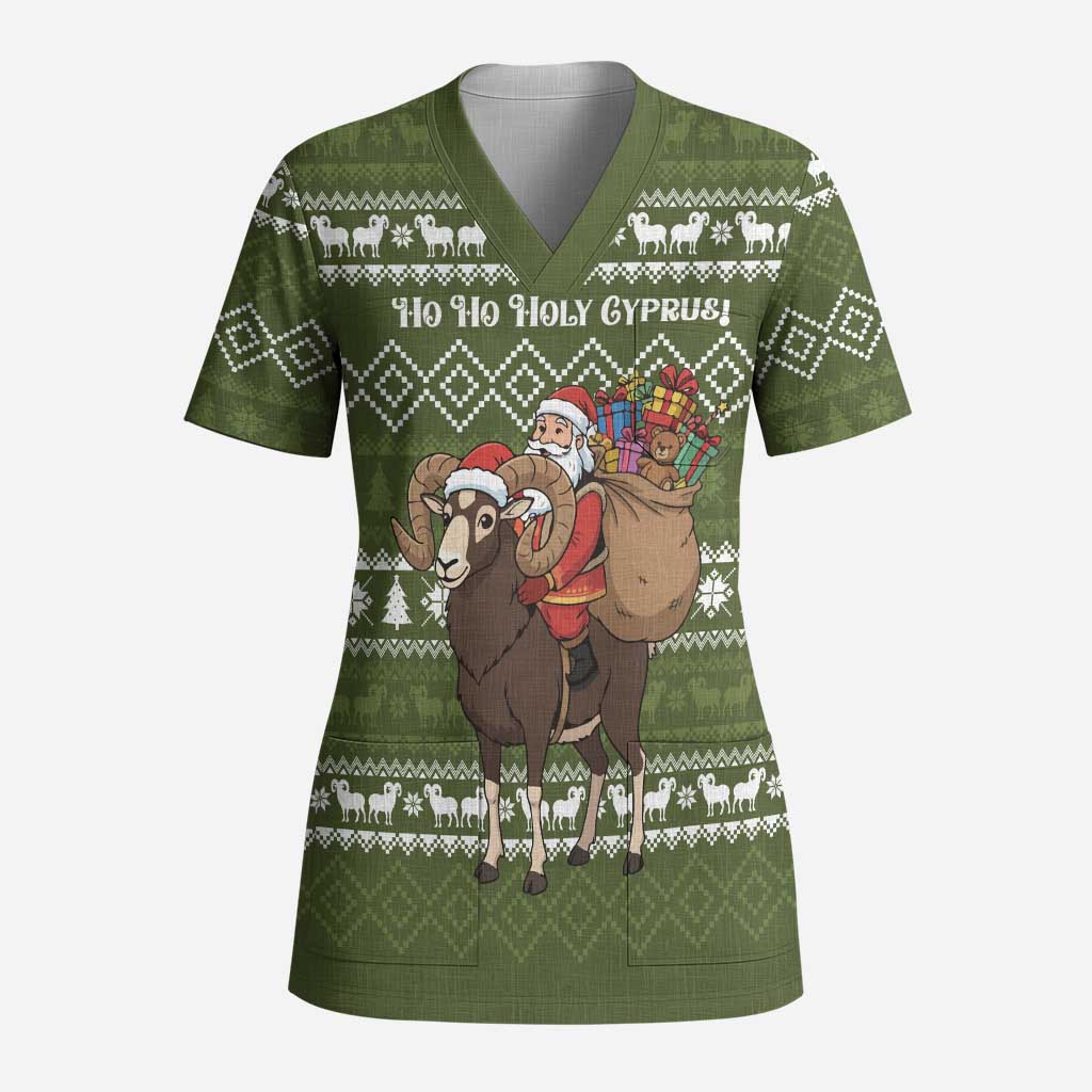 Cyprus Christmas Scrub Top Santa Riding Ram Ho Ho Holy Cyprus - African Pride