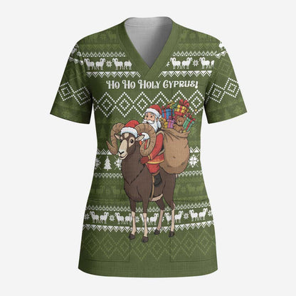 Cyprus Christmas Scrub Top Santa Riding Ram Ho Ho Holy Cyprus - African Pride