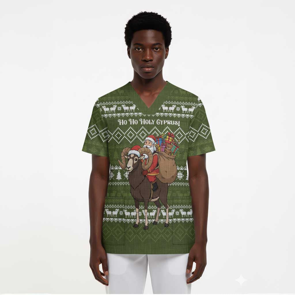 Cyprus Christmas Scrub Top Santa Riding Ram Ho Ho Holy Cyprus - African Pride