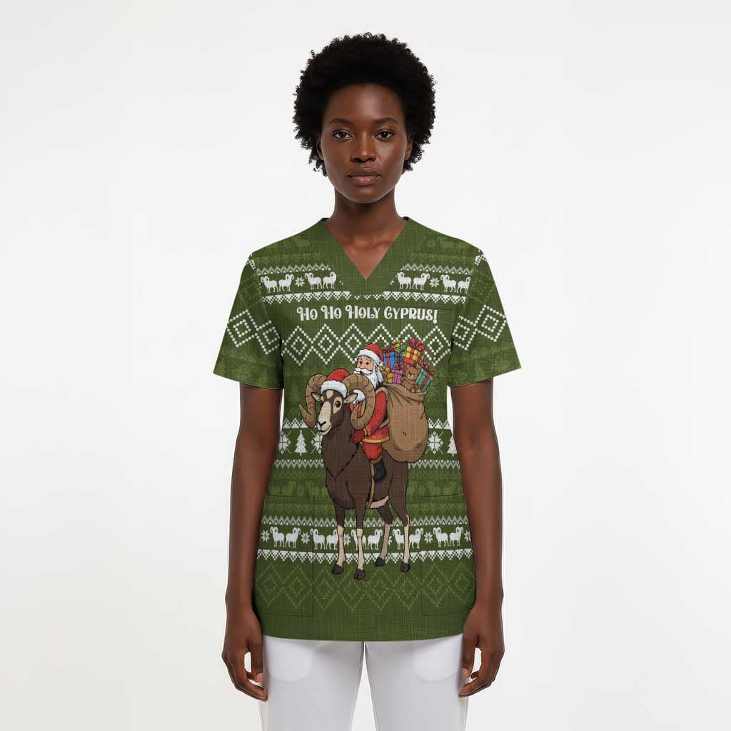Cyprus Christmas Scrub Top Santa Riding Ram Ho Ho Holy Cyprus - African Pride