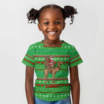 Djibouti Christmas Kid T shirt Santa Riding Camel Palm Trees Camel - African Pride