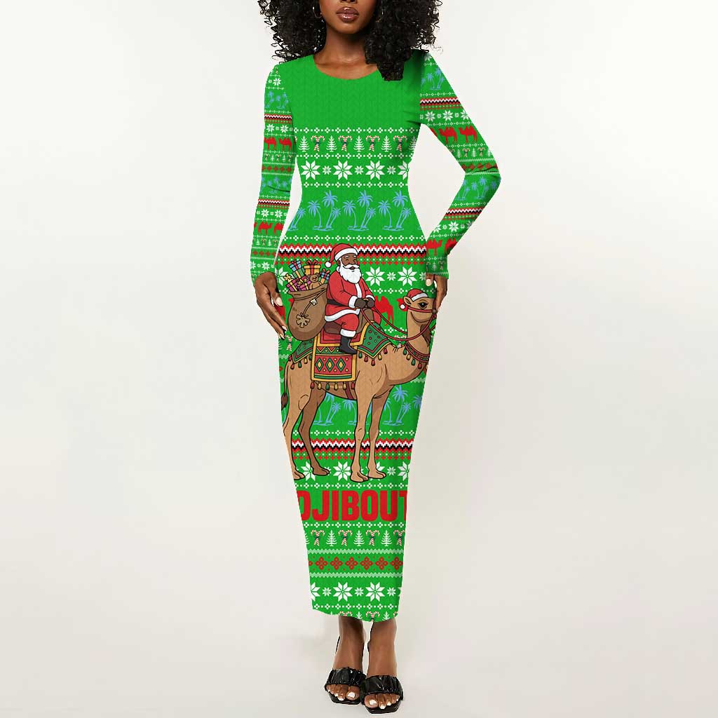 Djibouti Christmas Long Sleeve Bodycon Dress Santa Riding Camel Palm Trees Camel - African Pride