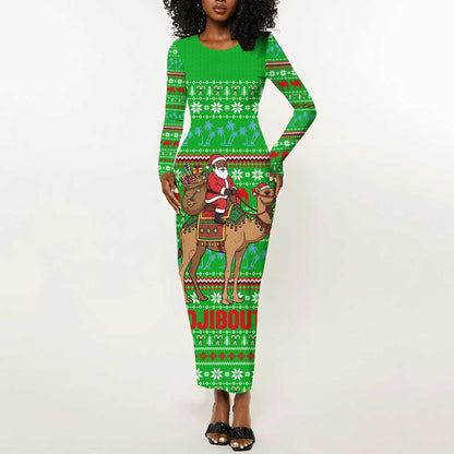 Djibouti Christmas Long Sleeve Bodycon Dress Santa Riding Camel Palm Trees Camel - African Pride