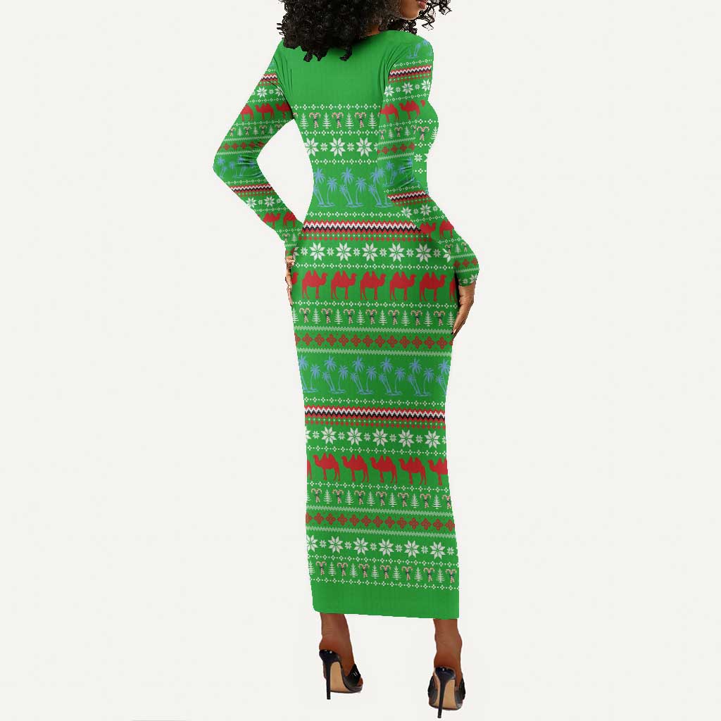 Djibouti Christmas Long Sleeve Bodycon Dress Santa Riding Camel Palm Trees Camel - African Pride