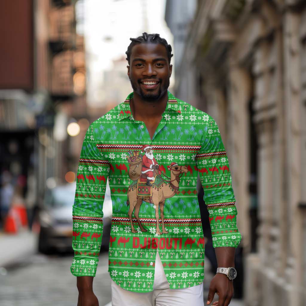 Djibouti Christmas Long Sleeve Button Shirt Santa Riding Camel Palm Trees Camel - African Pride