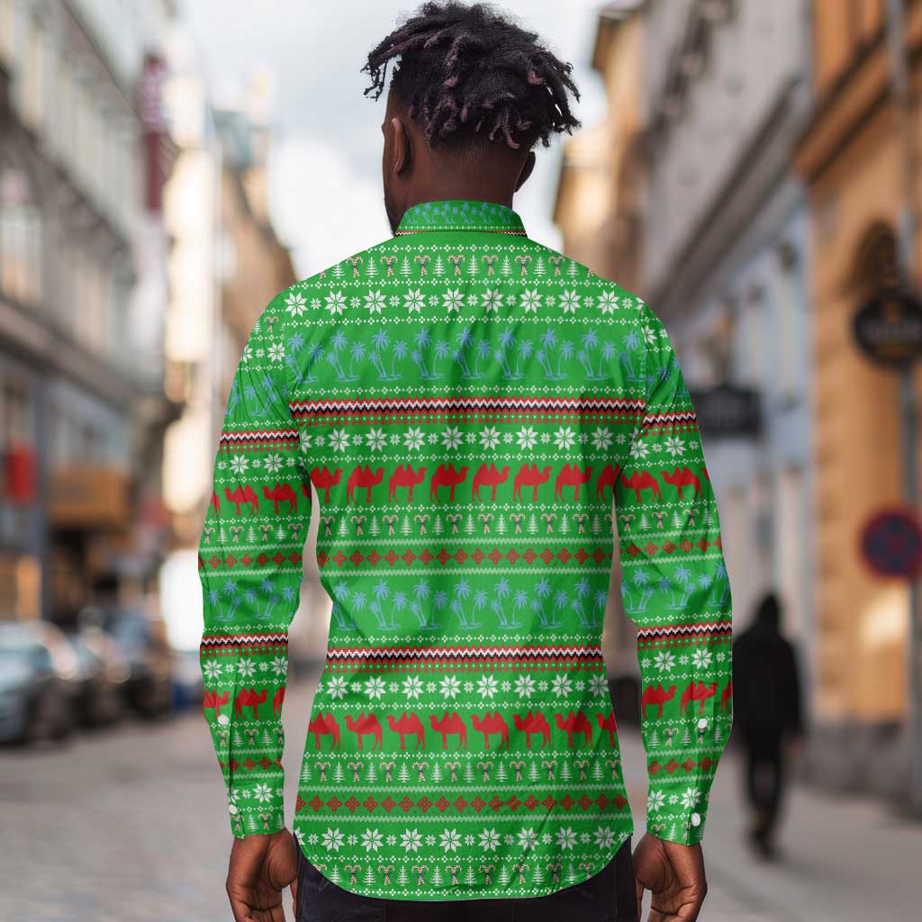 Djibouti Christmas Long Sleeve Button Shirt Santa Riding Camel Palm Trees Camel - African Pride