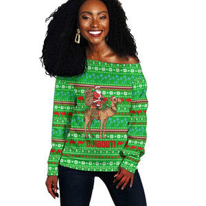 Djibouti Christmas Off Shoulder Sweater Santa Riding Camel Palm Trees Camel - African Pride