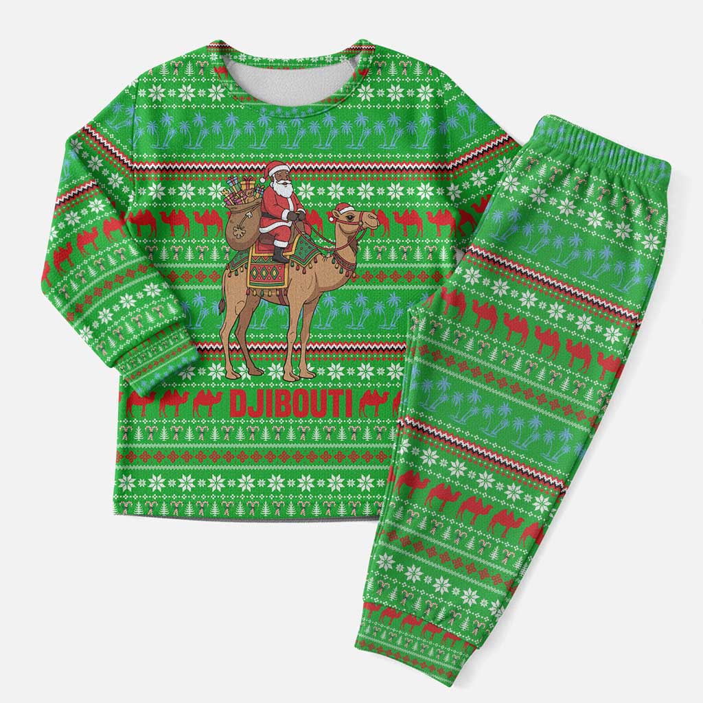 Djibouti Christmas Pajama Set Santa Riding Camel Palm Trees Camel - African Pride