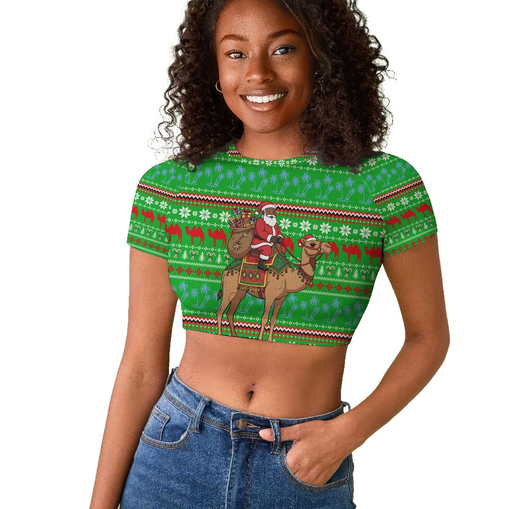 Djibouti Christmas Raglan Cropped T shirt Santa Riding Camel Palm Trees Camel - African Pride