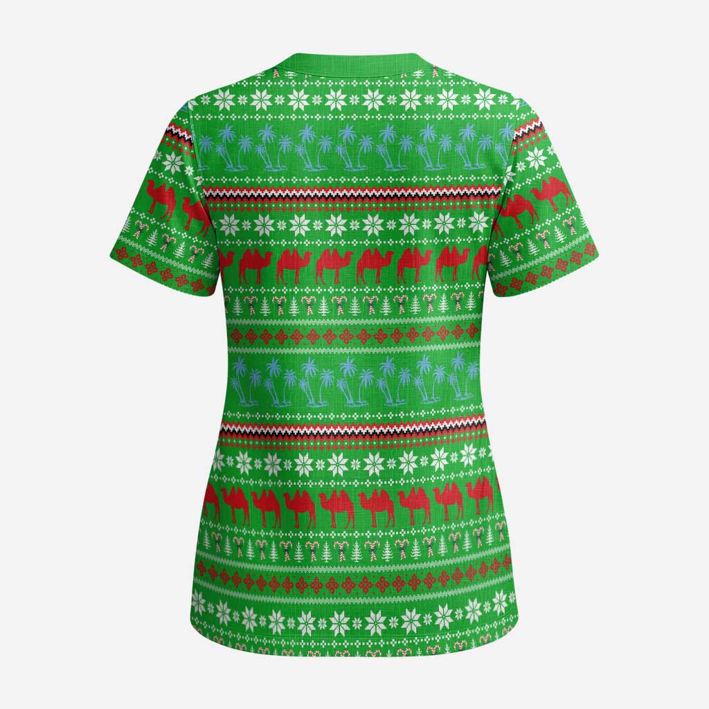 Djibouti Christmas Scrub Top Santa Riding Camel Palm Trees Camel - African Pride