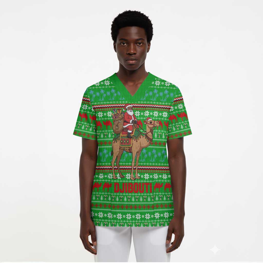 Djibouti Christmas Scrub Top Santa Riding Camel Palm Trees Camel - African Pride
