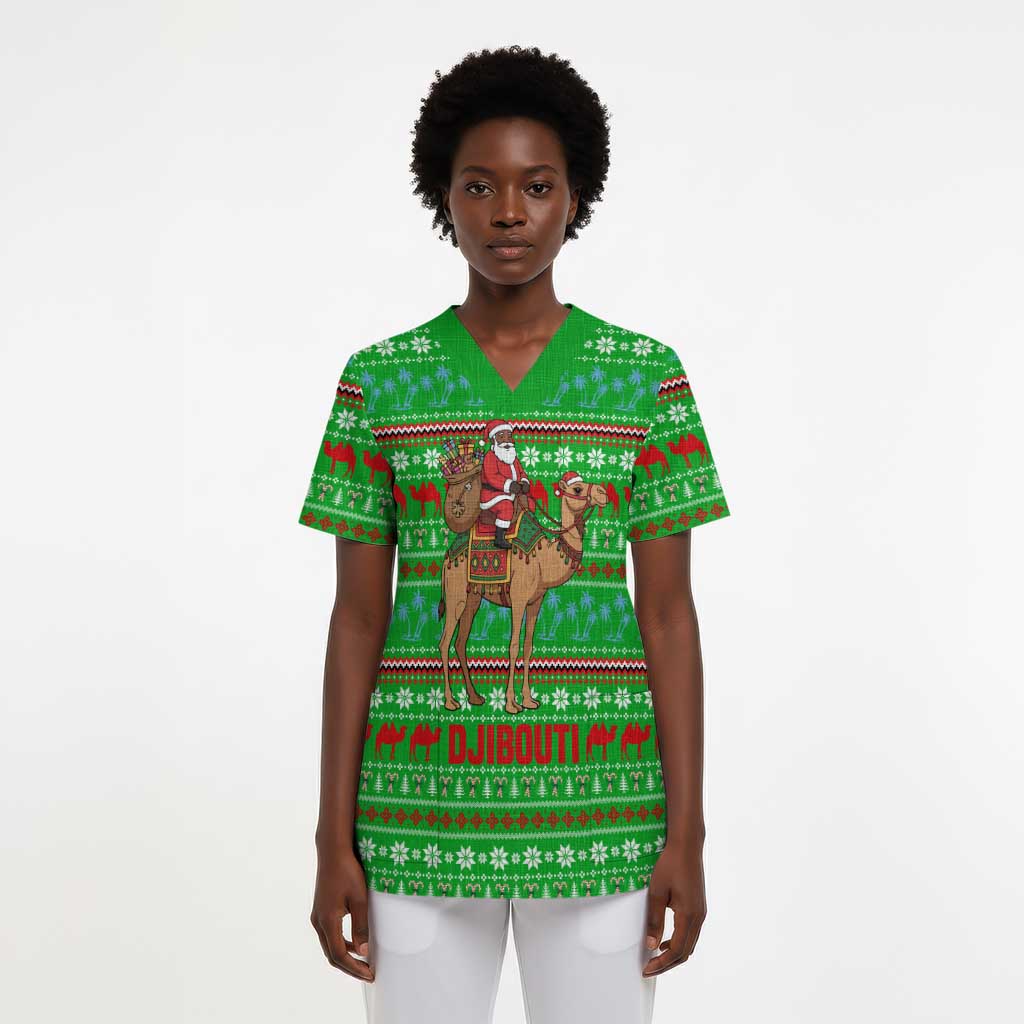 Djibouti Christmas Scrub Top Santa Riding Camel Palm Trees Camel - African Pride