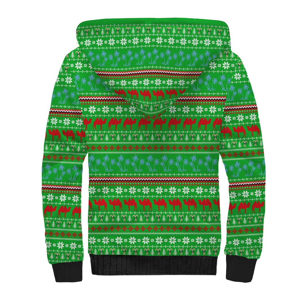 Djibouti Christmas Sherpa Hoodie Santa Riding Camel Palm Trees Camel - African Pride
