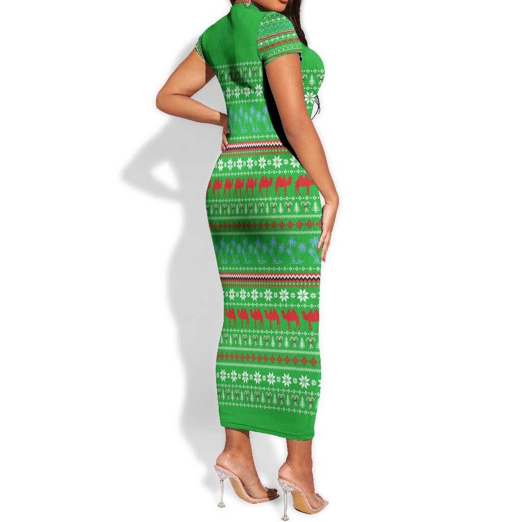 Djibouti Christmas Short Sleeve Bodycon Dress Santa Riding Camel Palm Trees Camel - African Pride