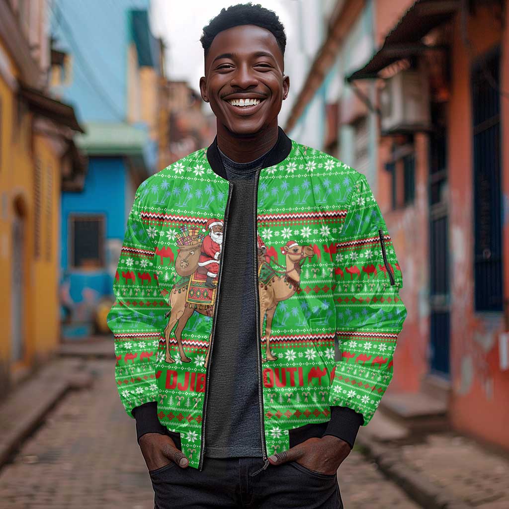 Djibouti Christmas Sleeve Zip Bomber Jacket Santa Riding Camel Palm Trees Camel - African Pride