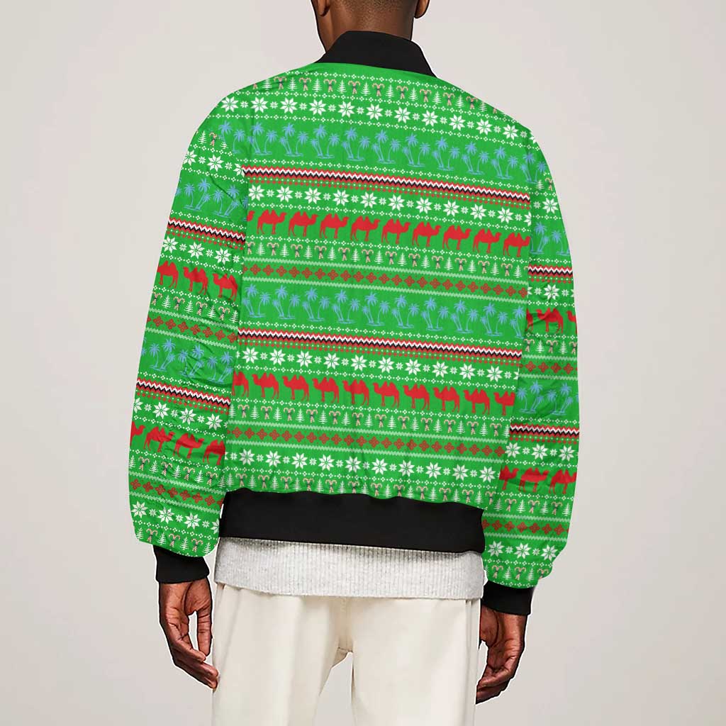 Djibouti Christmas Sleeve Zip Bomber Jacket Santa Riding Camel Palm Trees Camel - African Pride
