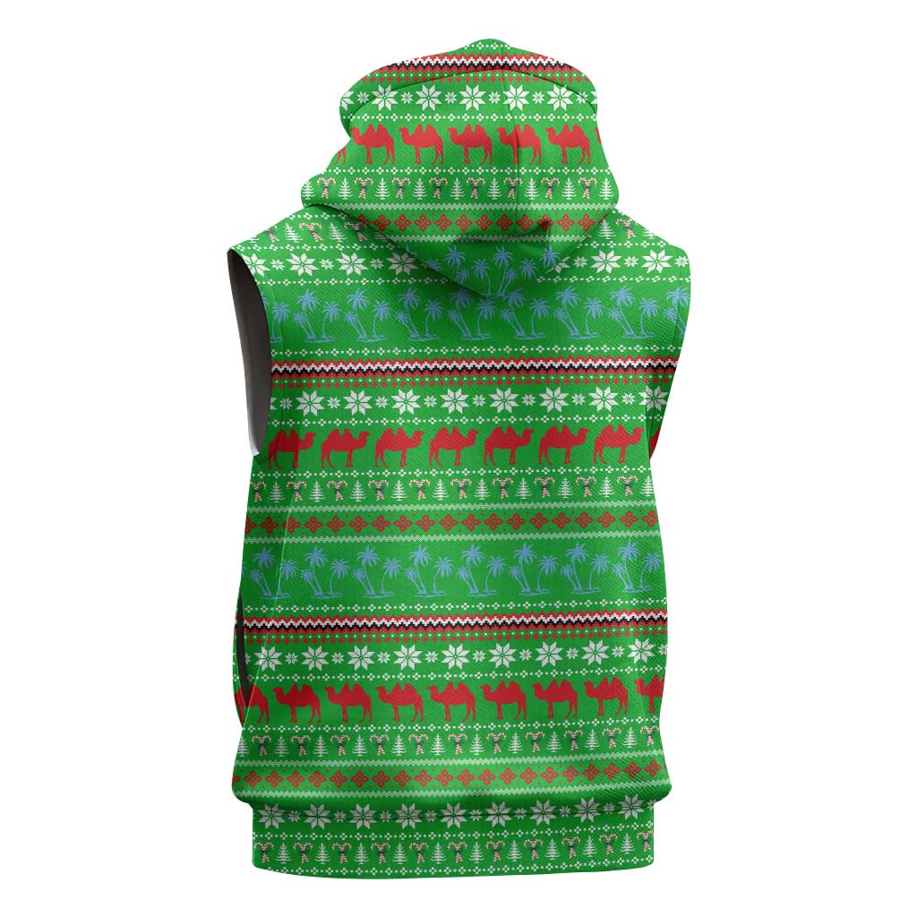 Djibouti Christmas Sleeveless Hoodie Santa Riding Camel Palm Trees Camel - African Pride