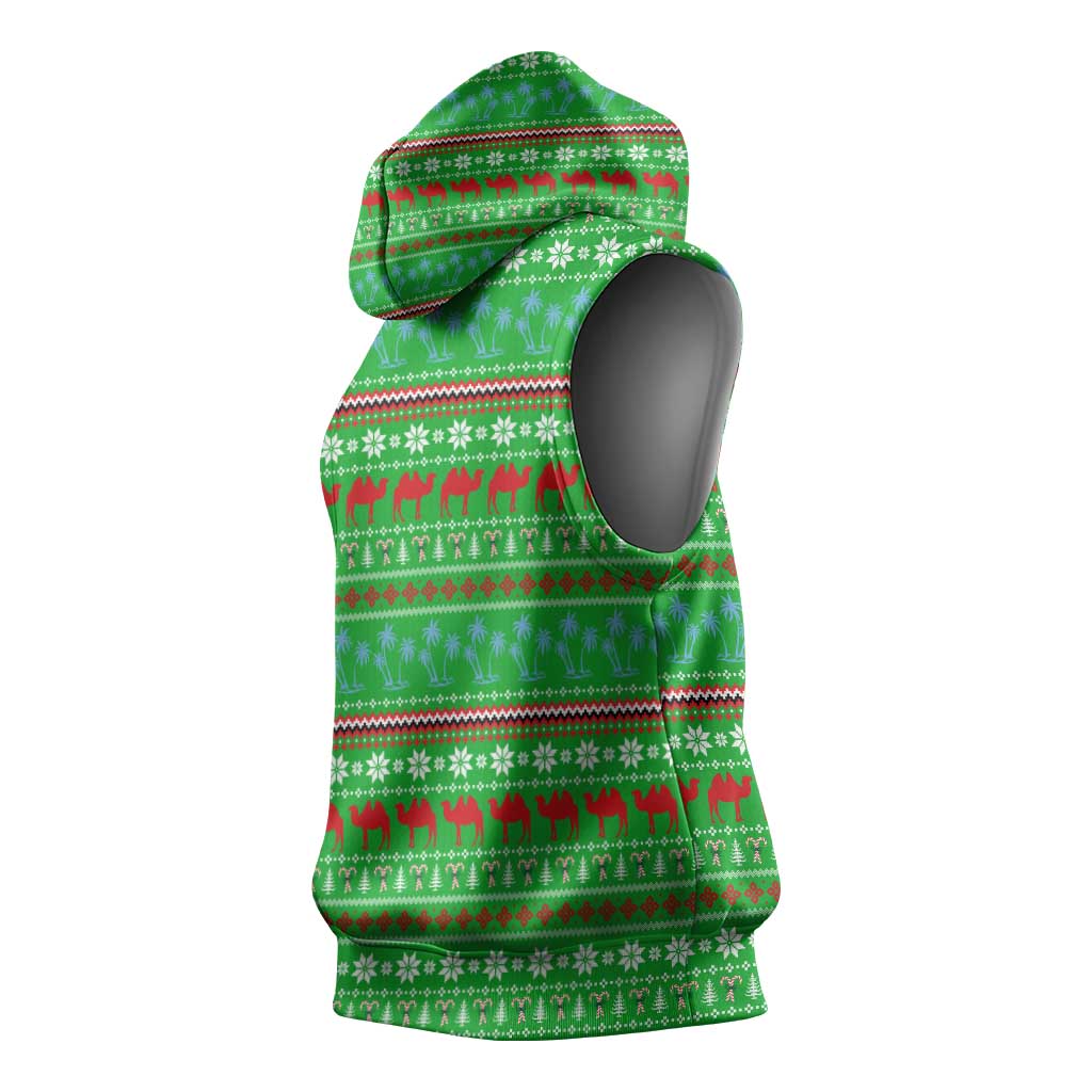 Djibouti Christmas Sleeveless Hoodie Santa Riding Camel Palm Trees Camel - African Pride