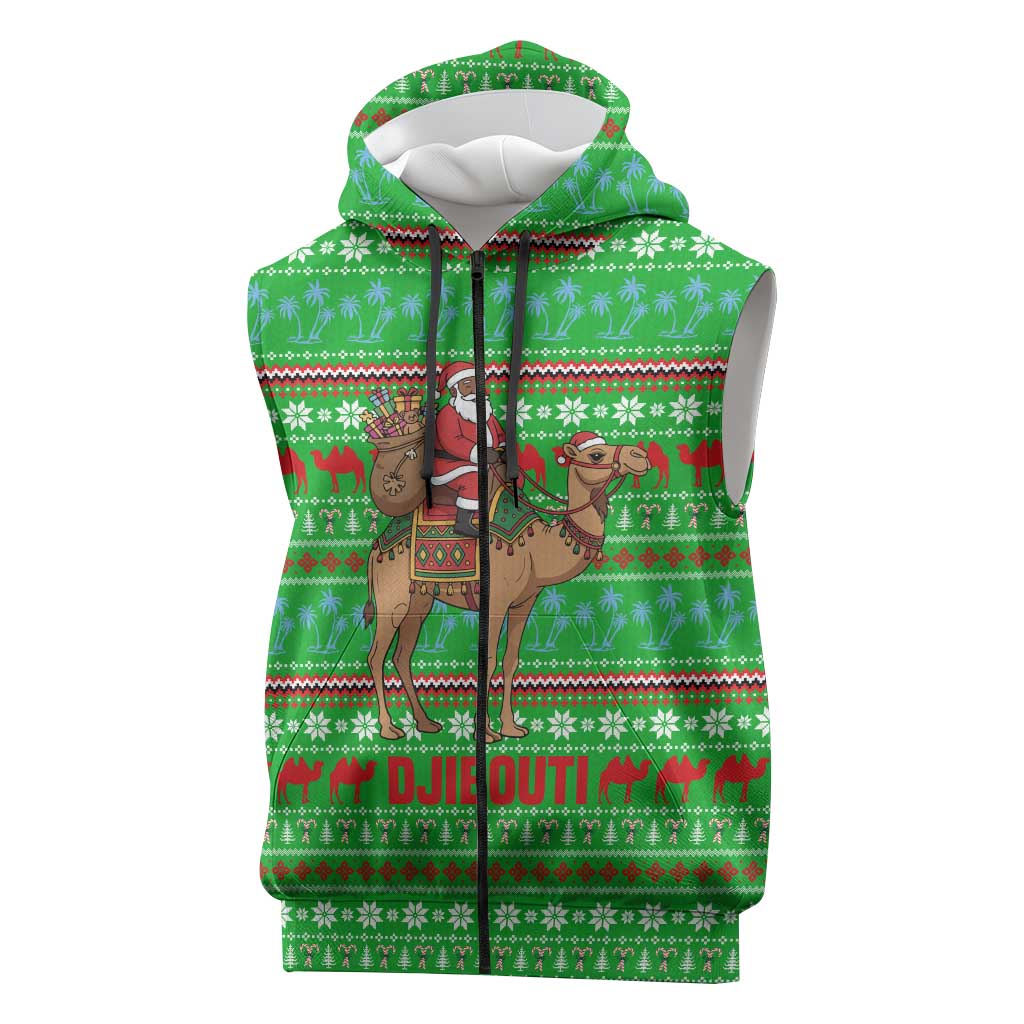 Djibouti Christmas Sleeveless Zip Hoodie Santa Riding Camel Palm Trees Camel - African Pride
