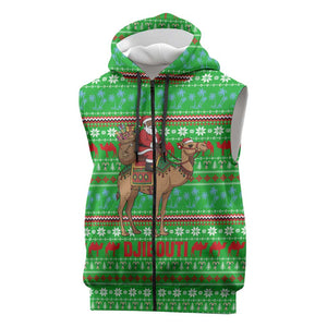 Djibouti Christmas Sleeveless Zip Hoodie Santa Riding Camel Palm Trees Camel - African Pride