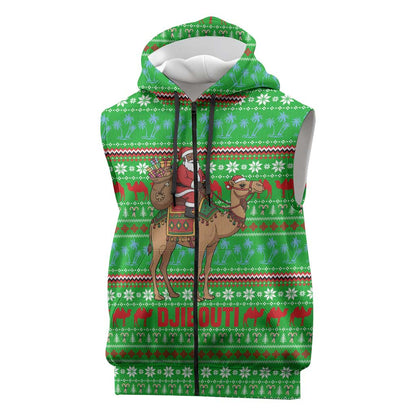 Djibouti Christmas Sleeveless Zip Hoodie Santa Riding Camel Palm Trees Camel - African Pride