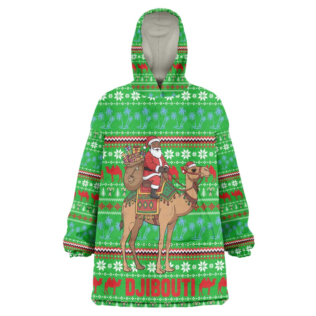 Djibouti Christmas Wearable Blanket Hoodie Santa Riding Camel Palm Trees Camel - African Pride