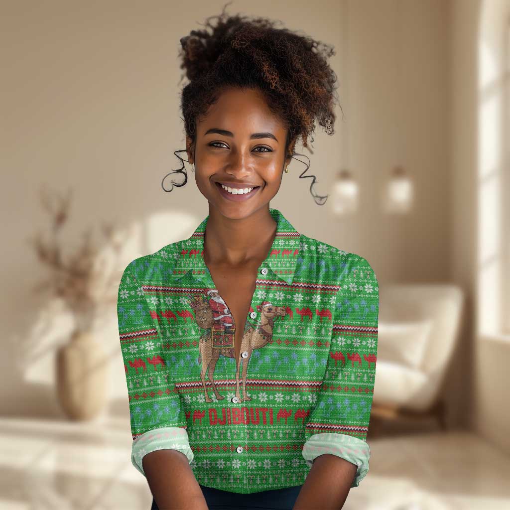 Djibouti Christmas Women Casual Shirt Santa Riding Camel Palm Trees Camel - African Pride