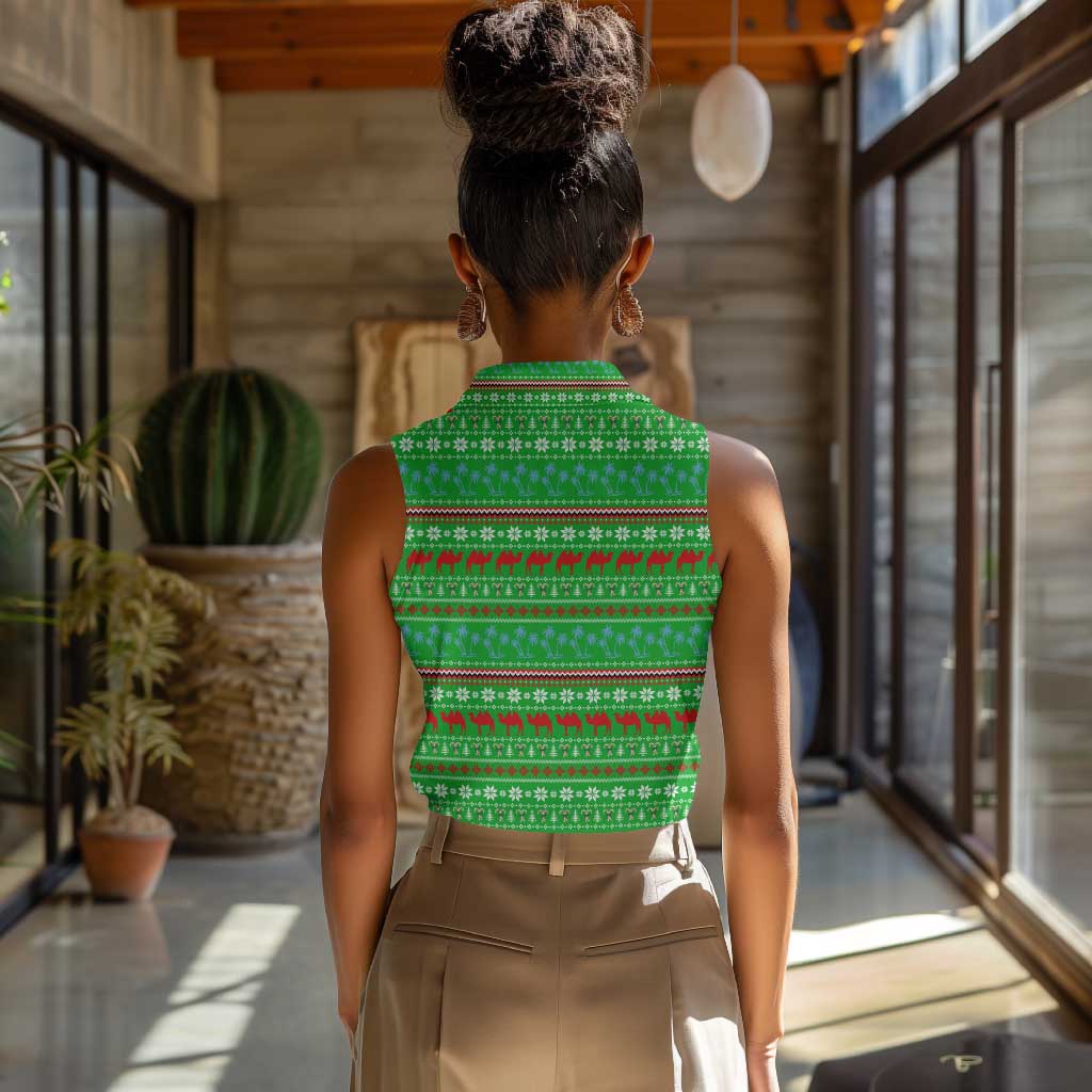 Djibouti Christmas Women Sleeveless Polo Shirt Santa Riding Camel Palm Trees Camel - African Pride