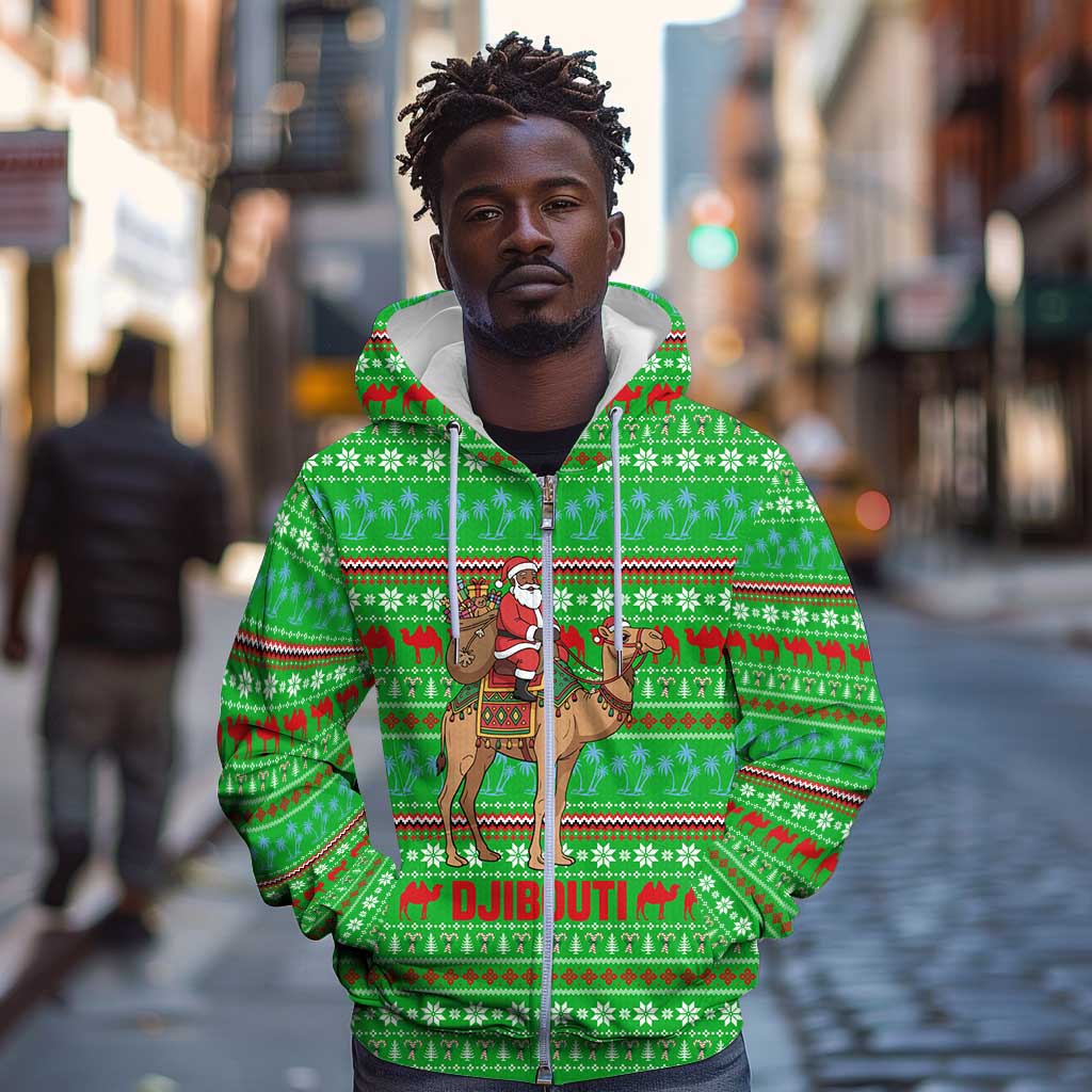 Djibouti Christmas Zip Hoodie Santa Riding Camel Palm Trees Camel - African Pride