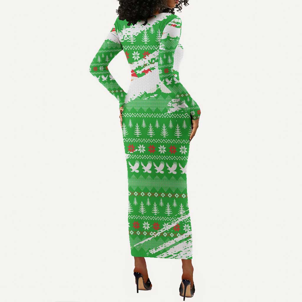 Djibouti Christmas Long Sleeve Bodycon Dress Santa Eagle Doves Trees and Green Snowflake - African Pride