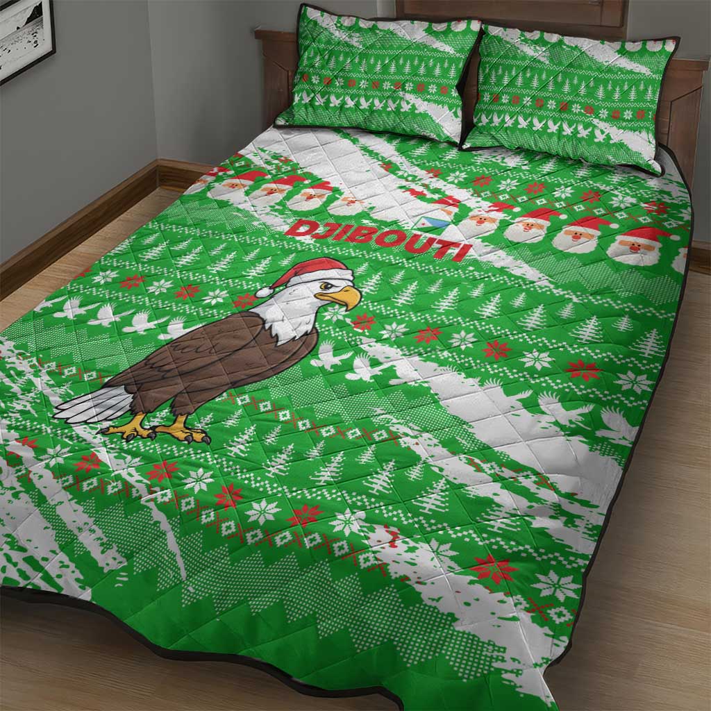 Djibouti Christmas Quilt Bed Set Santa Eagle Doves Trees and Green Snowflake - African Pride