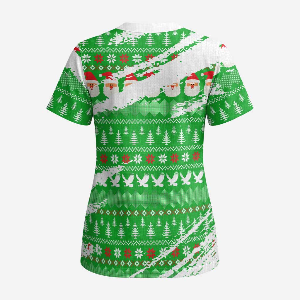 Djibouti Christmas Scrub Top Santa Eagle Doves Trees and Green Snowflake - African Pride