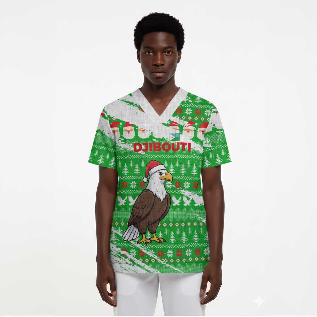 Djibouti Christmas Scrub Top Santa Eagle Doves Trees and Green Snowflake - African Pride