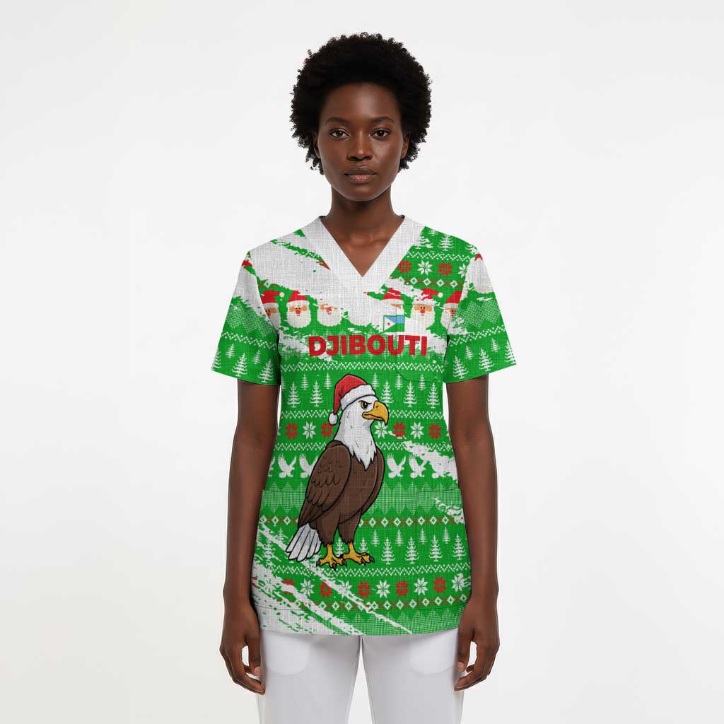 Djibouti Christmas Scrub Top Santa Eagle Doves Trees and Green Snowflake - African Pride