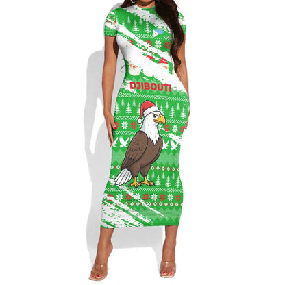Djibouti Christmas Short Sleeve Bodycon Dress Santa Eagle Doves Trees and Green Snowflake - African Pride