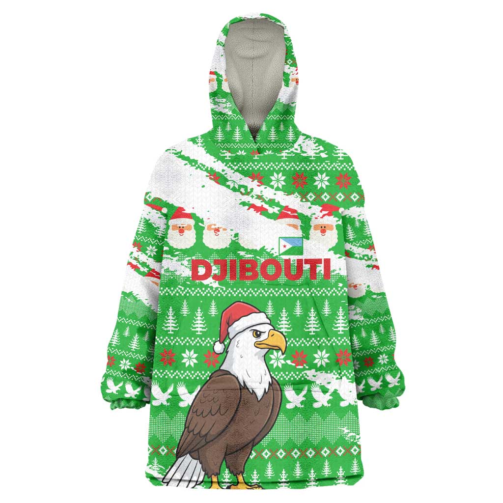 Djibouti Christmas Wearable Blanket Hoodie Santa Eagle Doves Trees and Green Snowflake - African Pride