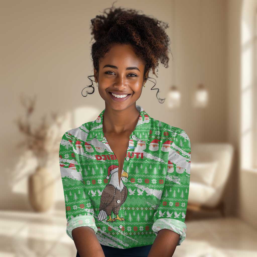 Djibouti Christmas Women Casual Shirt Santa Eagle Doves Trees and Green Snowflake - African Pride