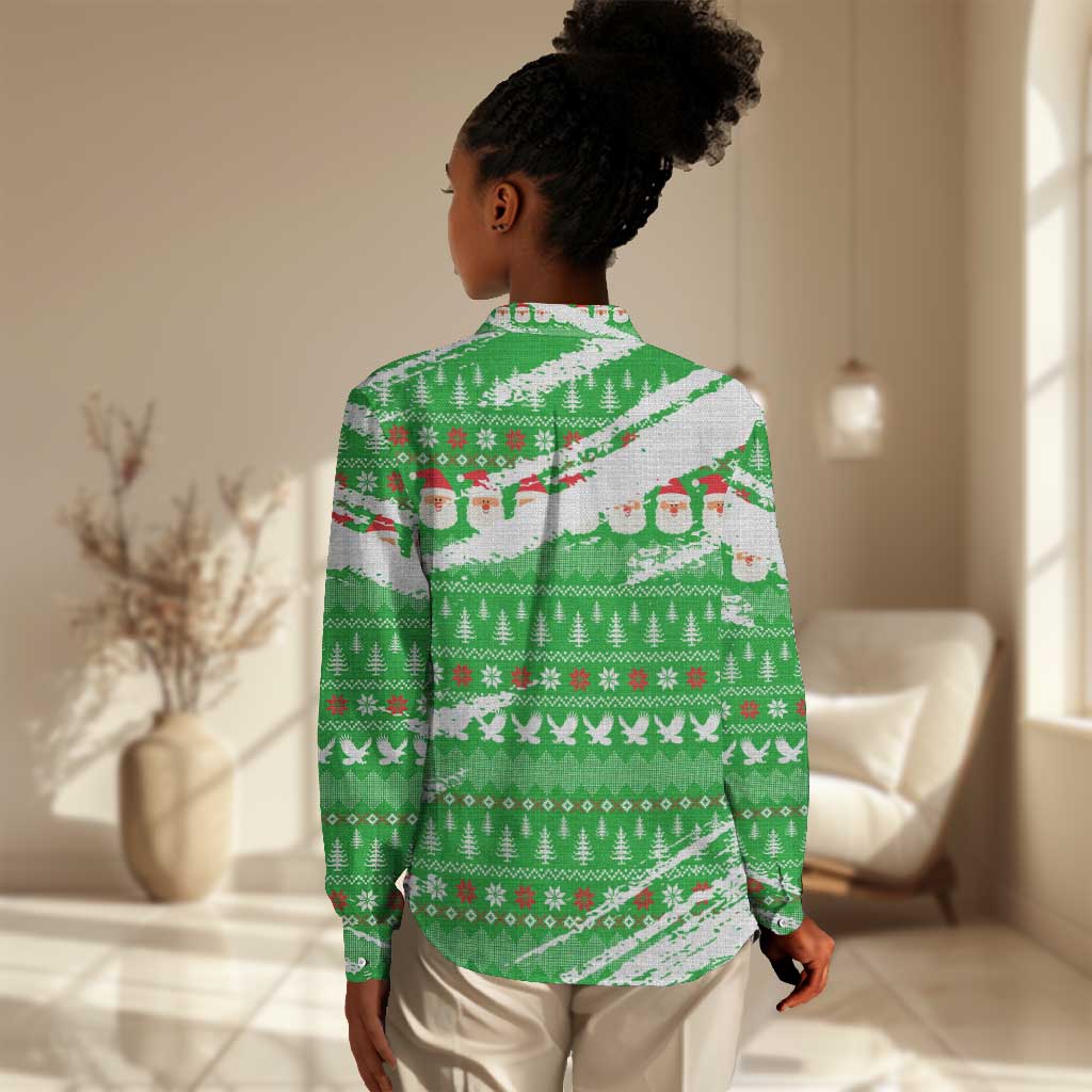 Djibouti Christmas Women Casual Shirt Santa Eagle Doves Trees and Green Snowflake - African Pride