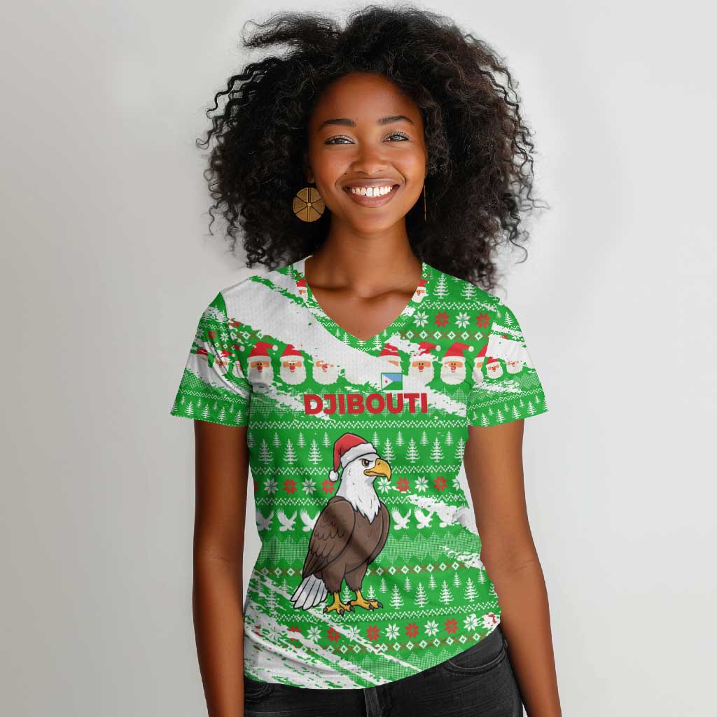 Djibouti Christmas Women V-Neck T-Shirt Santa Eagle Doves Trees and Green Snowflake - African Pride