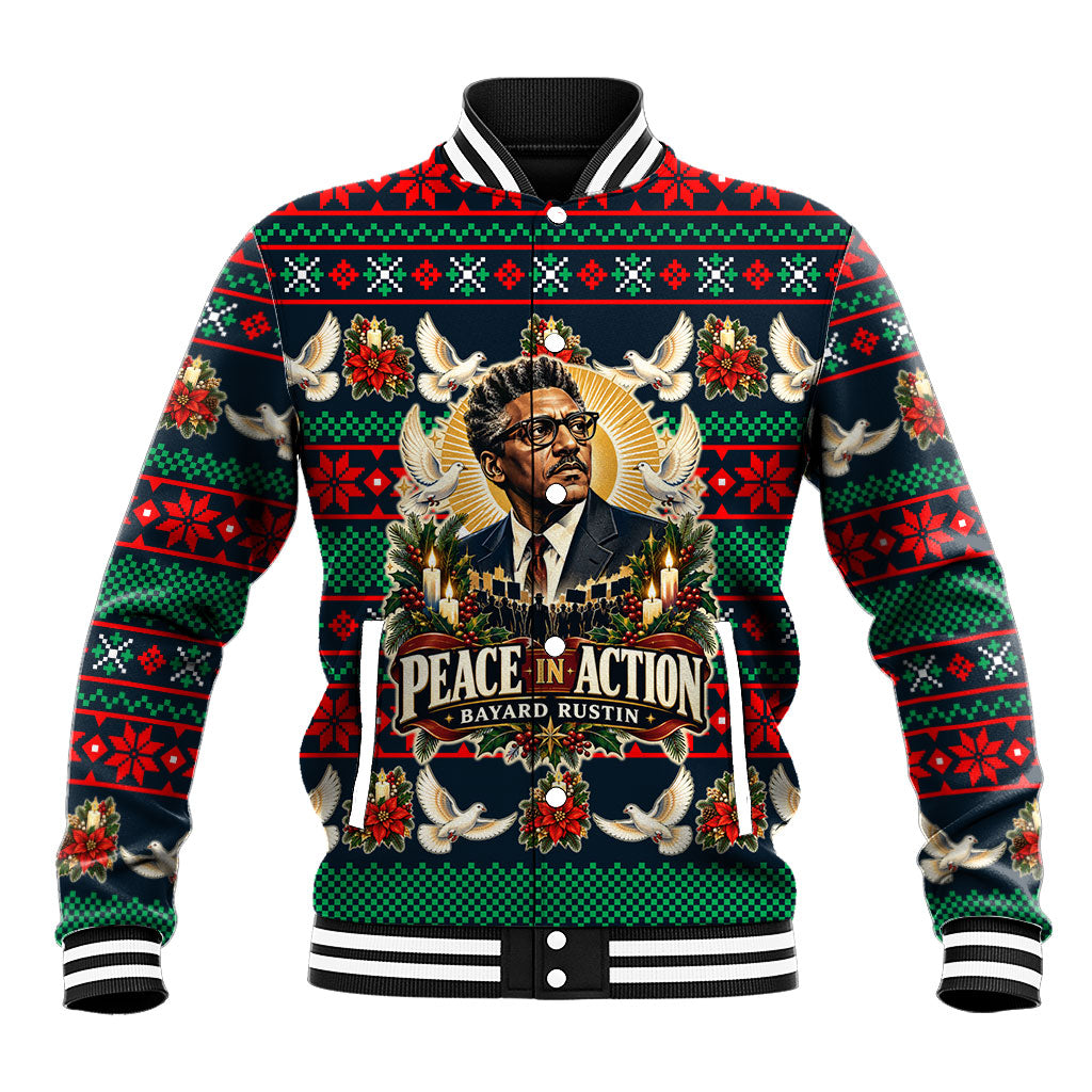 Bayard Rustin Peace In Action Christmas Baseball Jacket Civil Rights Leader Holiday Floral Dove Peace Ugly Pattern