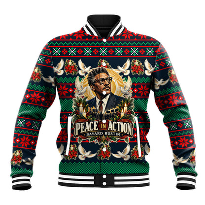Bayard Rustin Peace In Action Christmas Baseball Jacket Civil Rights Leader Holiday Floral Dove Peace Ugly Pattern