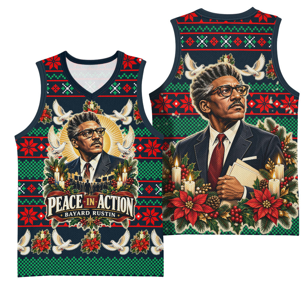 Bayard Rustin Peace In Action Christmas Basketball Jersey Civil Rights Leader Holiday Floral Dove Peace Ugly Pattern